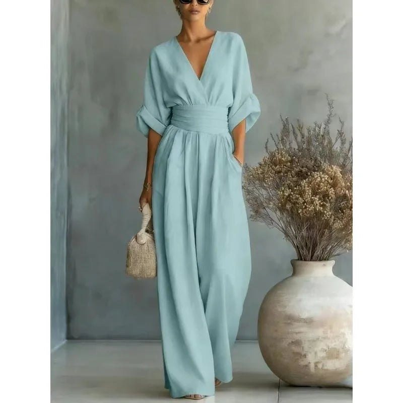 Women's Jumpsuit Fashion High Waist V-neck Casual Jumpsuits Sexy Solid Color Office Wide Leg Trousers Overalls Vacation Outfit