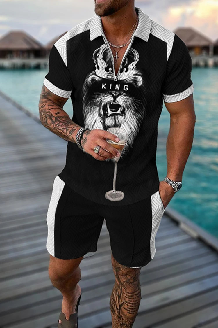 Summer Men's Tracksuit Short Sleeve Polo Shirt Set Fashion Luxury Chain Print Clothing 2 Pieces Casual Suit Streetwear Outfit