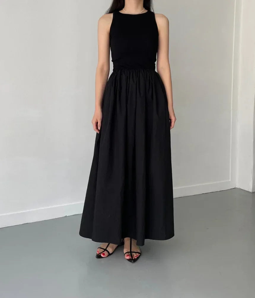 Female Fashion Style Dress New Summer Simple Elegant Black Long Dresses For Women Round Neck Sleeveless High Waist Temperament