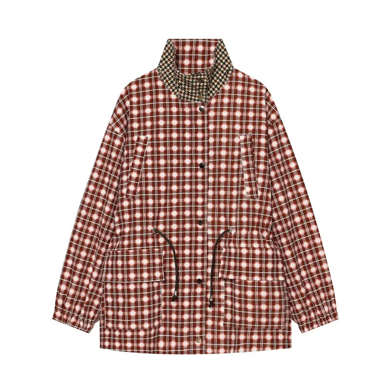 Women's Coat 2026 New Autumn Gray Plaid Long Sleeve Loose Drawstring Decorative Coat Casual Fashion Personal Ladies Outerwear