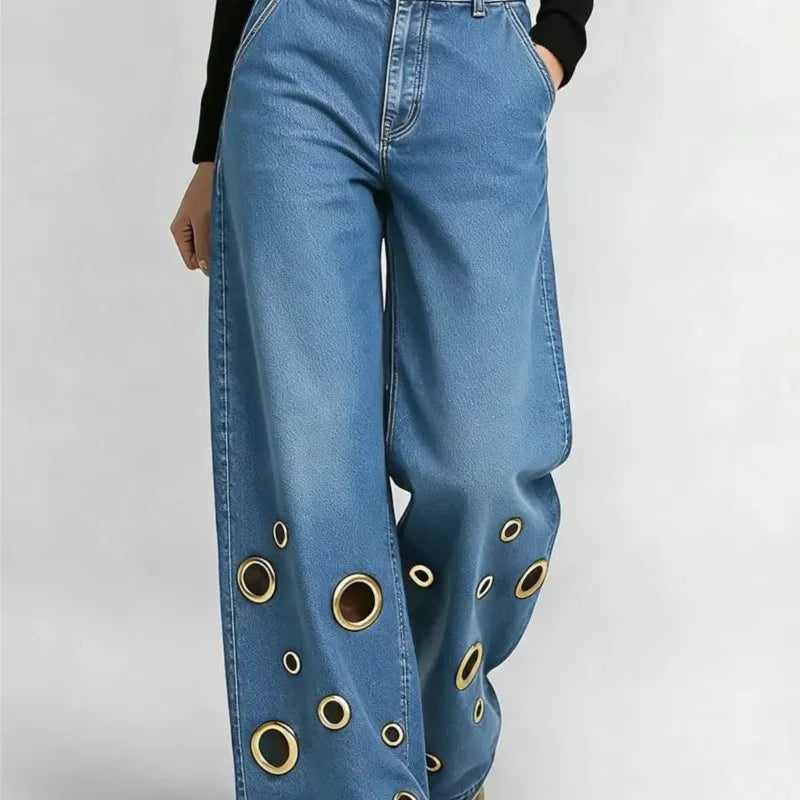 Women's High Waist Wide Leg Jeans with Gold Eyelets Vintage Baggy Denim Pants, Y2K Streetwear Hollow Out Trousers Ladies Jeans