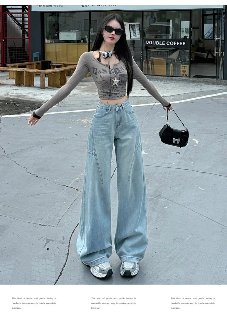 High Waisted Wide Leg Jeans Women Cotton Retro Denim Y2k Loose Fashion Design Sense Pant Streetwear Baggy Straight Trouser Woman
