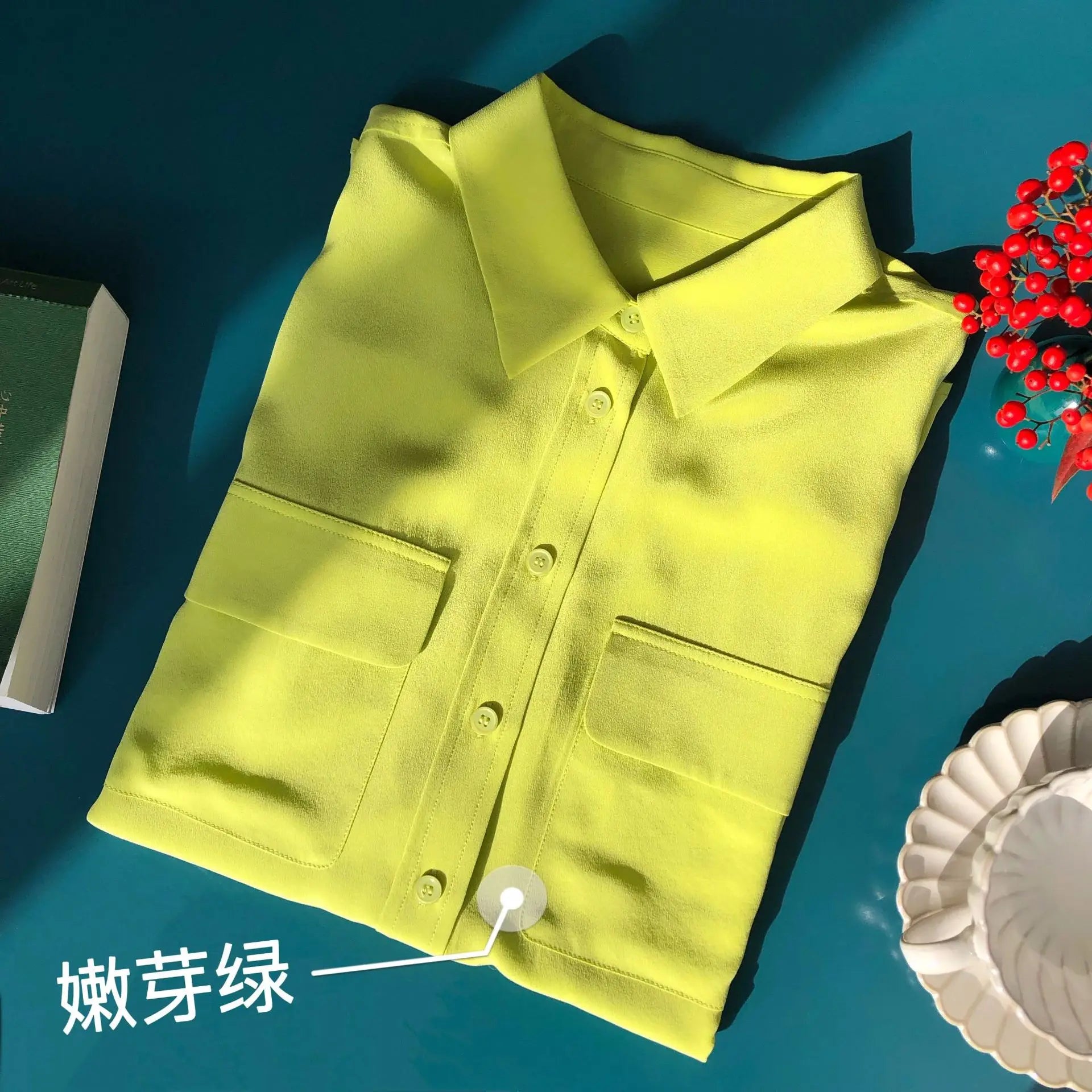 Women Real Silk Shirts Classic Double Pockets Solid Color Casual Fashion Long Sleeve Thin Shirt Blouses Tees