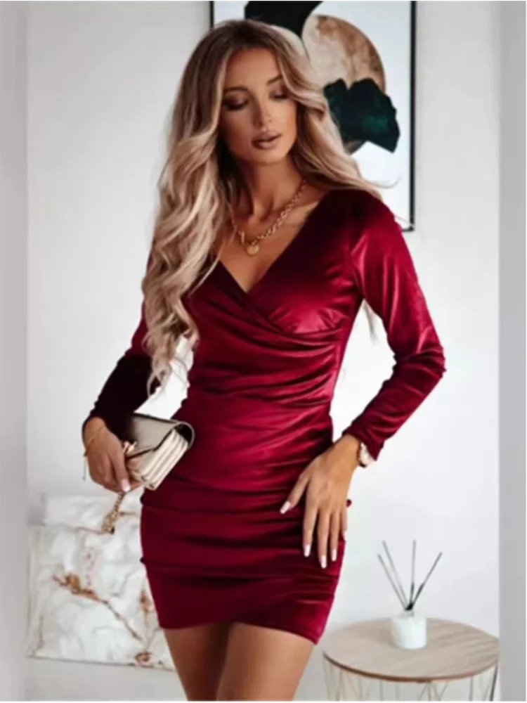 European Elegant Evening Party Dress for Woman Clothing Fashion V Neck Long Sleeved Velvet Casual Mini  Sheath Dresses