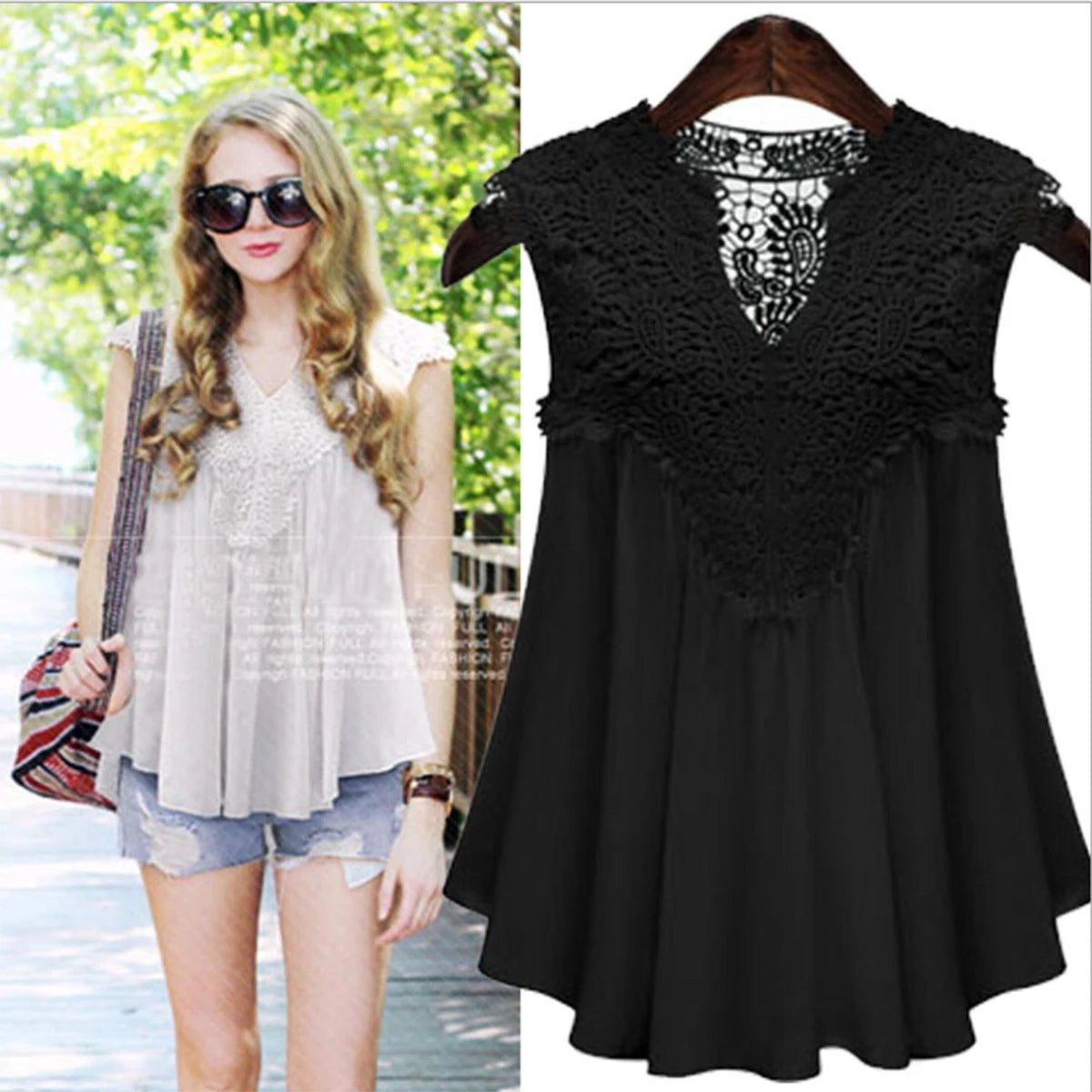 Summer tops for women  Fashion Lace Chiffon blouse V-Neck Loose Casual Chiffon Shirt