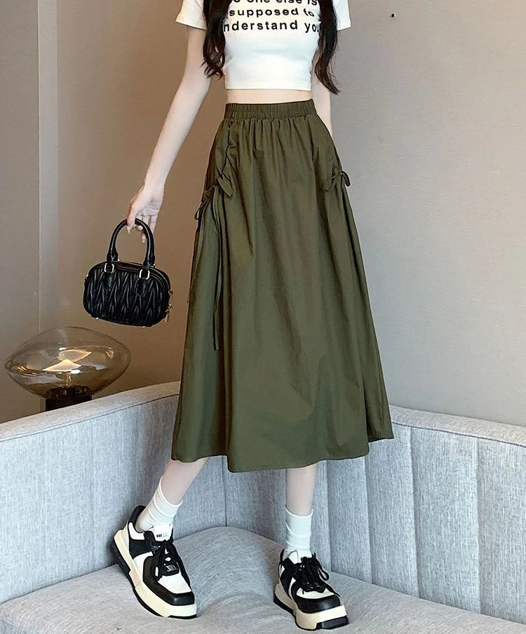 Drawstring Cargo A-Line Midi Skirt