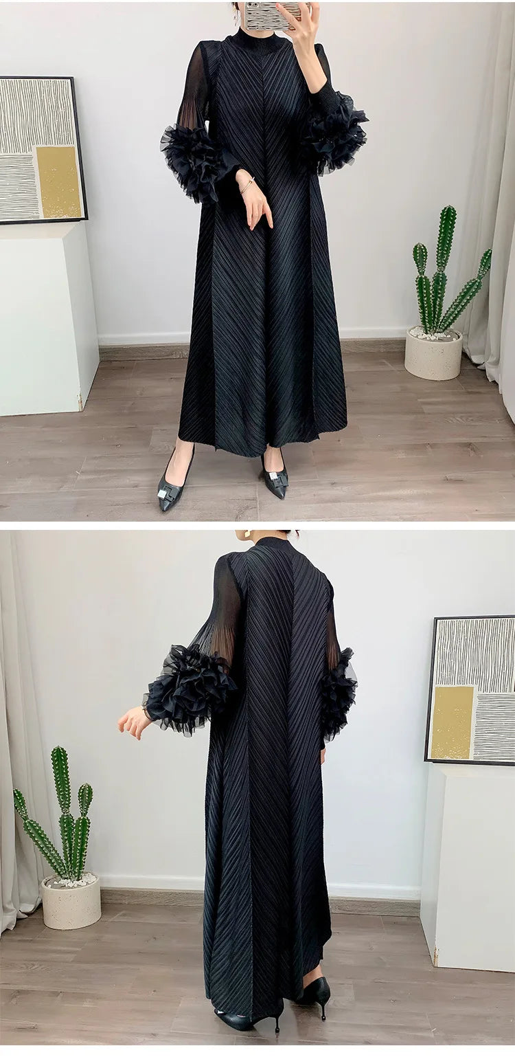 Women Elegant Evening Party Dresses 2025 Summer New Solid Colour Classic Long Sleeve Plate Flower Design Prom Dresses Female
