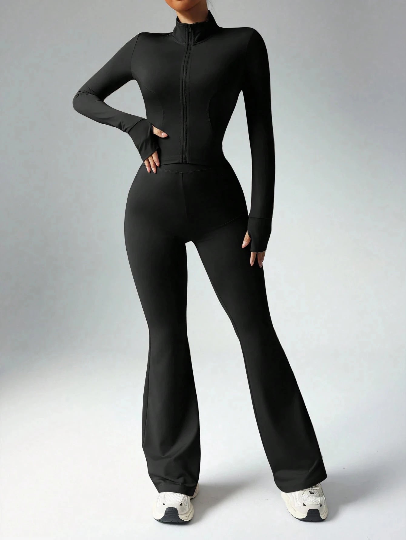 Women Yoga Sets Zipper Long Sleeve Push Up Leggings Gym Fitness Solid Colors Sets Activewear Workout Running Clothes Sportswear