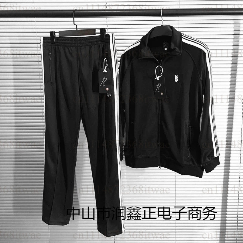 Unisex Embroidery Track Suit Striped Tape Zip‑Up Jacket Pants Set Casual Sportswear Outfit Long Sleeve Athletic Tracksuit Set
