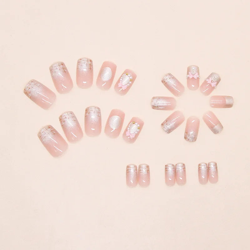 Medium fake nails for women Gradient nude brown blue flowers or rhinestones fall winter almond tips press on false nail art set