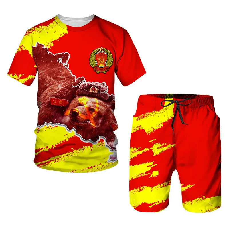 Men Tracksuit CCCP Russian 3D Print T-shirt Shorts Sets 2 Pieces USSR Soviet Union Style Streetwear Oversized Sportswear Suits