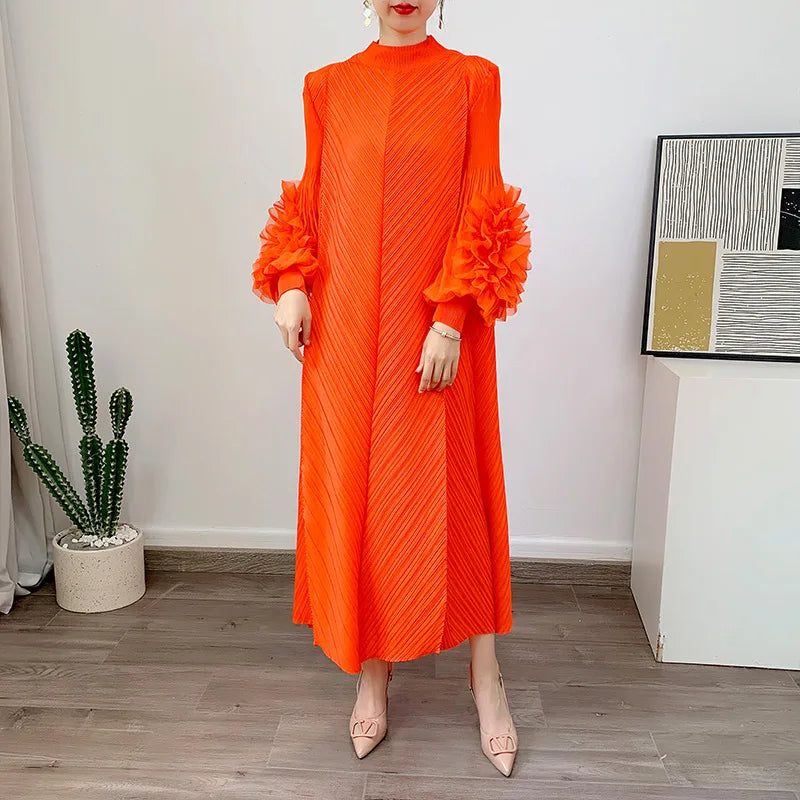 Women Elegant Evening Party Dresses 2025 Summer New Solid Colour Classic Long Sleeve Plate Flower Design Prom Dresses Female