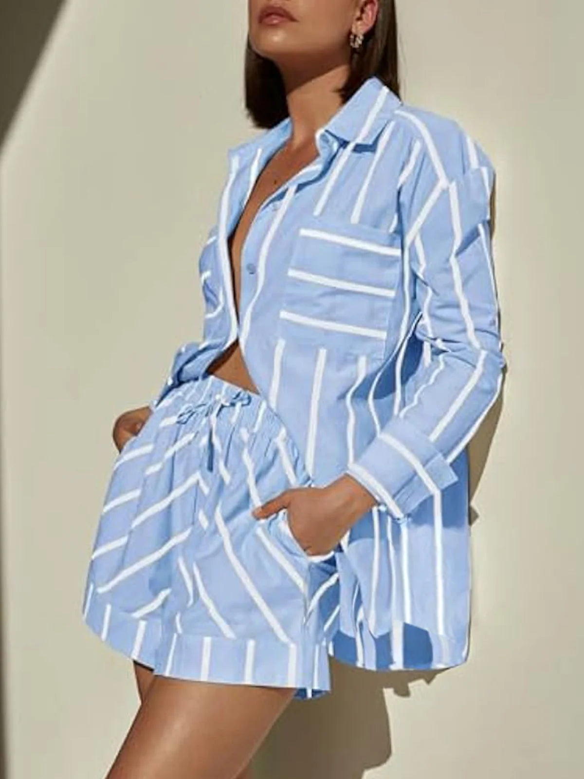 Striped Button Blouse Shorts Set