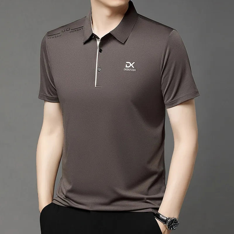 Men's Business Casual Short Sleeve Polo Shirt Solid Color with Badge Fashionable Breathable Comfortable Versatile Business Top