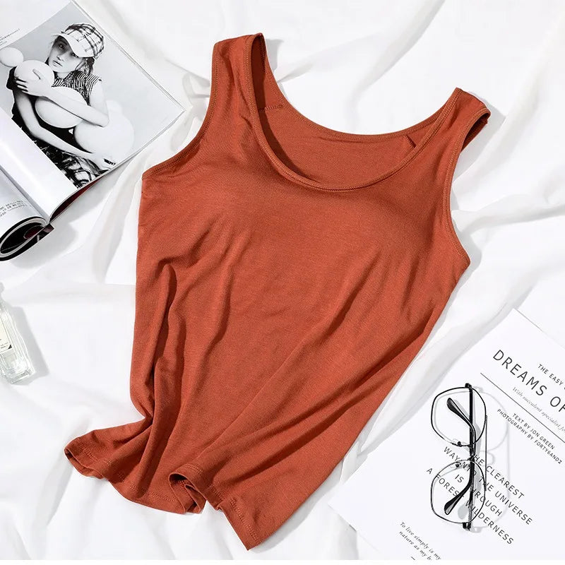 Women's Vest Tops With Built In Padded Bra Vest Slim Fit Tank Tops Sexy Shirts Feminino Casual Underlay Slimming Lingerie Top