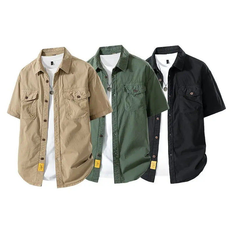 Workwear shirt for men summer loose and casual short-sleeved men American retro lapel coat trendy brand outdoor wear
