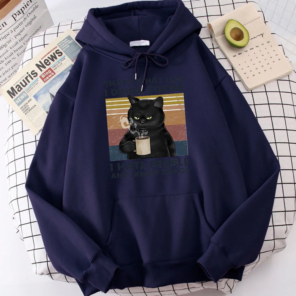 Men's fashion hoodie, high-quality cat drinking coffee print hoodie, fashionable casual hoodie, Harajuku hoodie