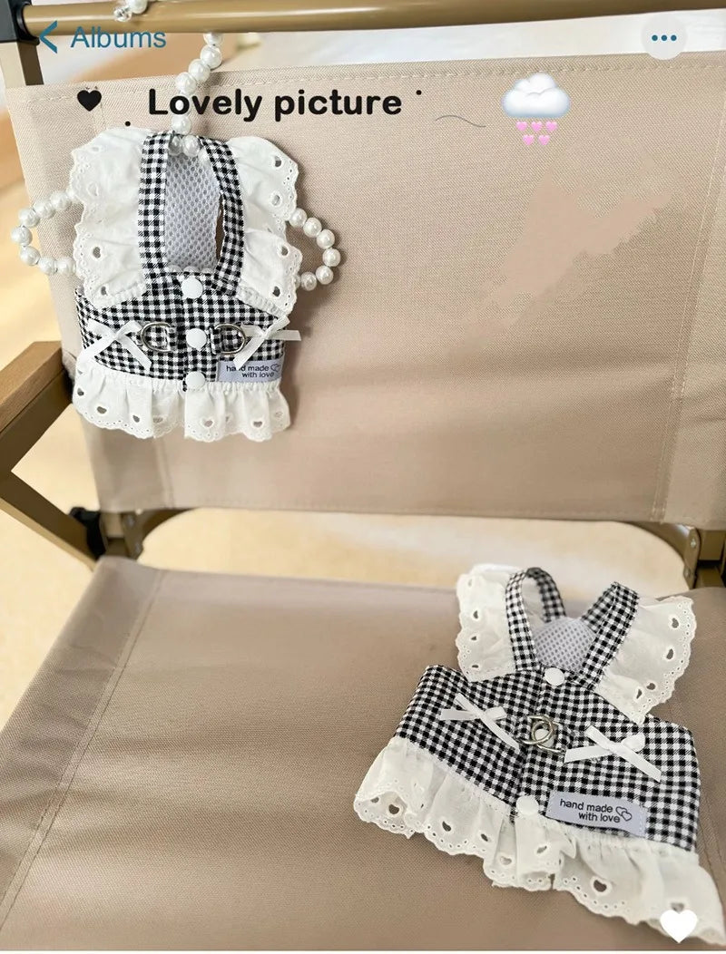 Pet Dog Clothes Lace Skirt Pastoral Style Black Plaid  Harness Puppy Dresses Universal Harness Tractionable Retro Princess Dress