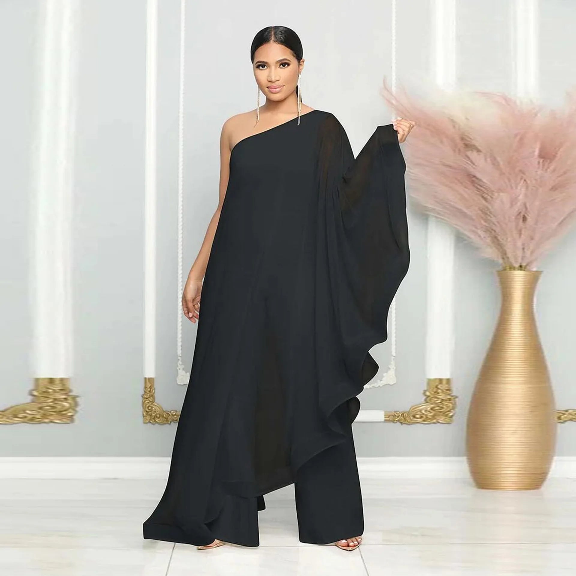 Women One Shoulder Jumpsuit Ruffle Long Sleeve Elegant Solid Aysmmetric Fashion Autumn Rompers Casual Party Club Jumpsuits 2024
