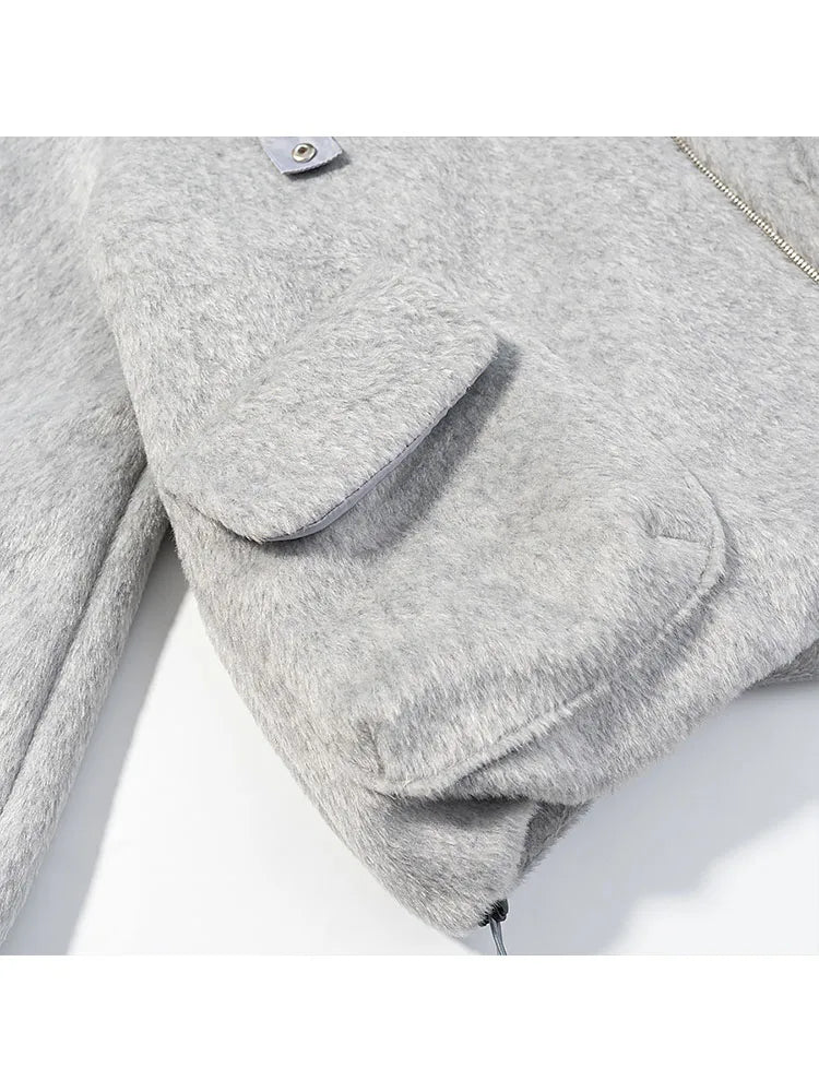 HH Women Fashion Coats Gray Turn-Down Collar Long Sleeves Pockets Decoration Zipper Winter Short Coat Woman Casual Loose Jackets