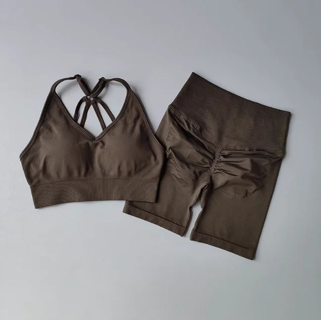 Workout Sets for Women, V Back Sports Bra with High Waist Shorts, Moisture Wicking Yoga Outfit for Training