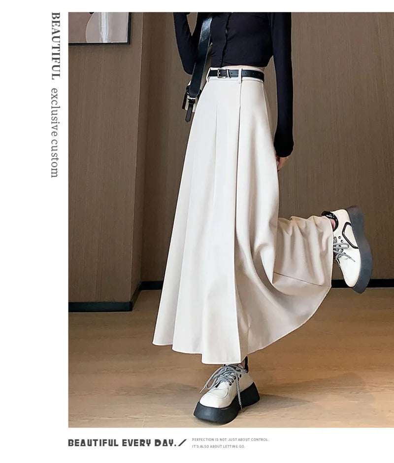 Elegant Skirts for Women Korean Style Long Skirt Female Black Pleated Midi Skirt Women's Clothing Office Lady Skirts Outfits New