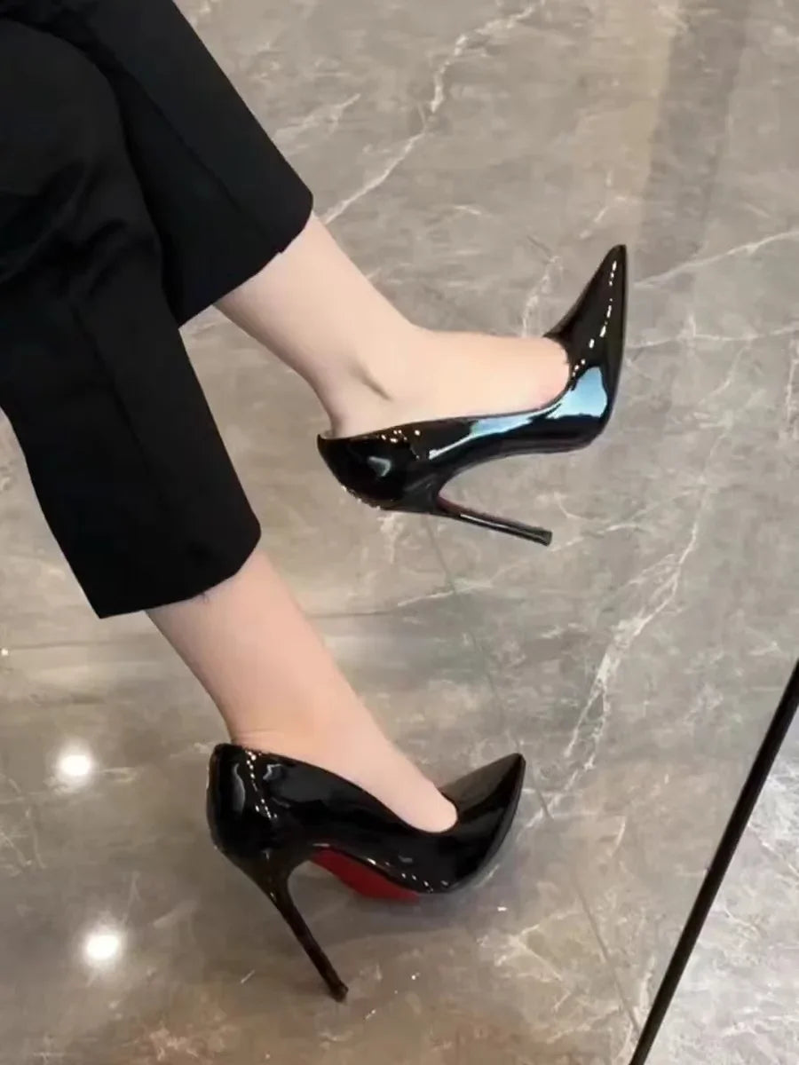 High Heels Women's Slim Heels New Stunning and Sexy Wedding Shoes Black Patent Pointed Single Shoes High Heels Туфли Женские
