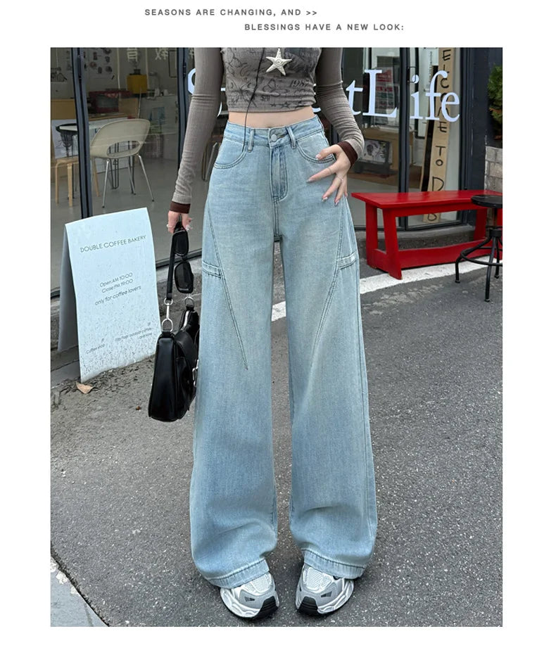 High Waisted Wide Leg Jeans Women Cotton Retro Denim Y2k Loose Fashion Design Sense Pant Streetwear Baggy Straight Trouser Woman