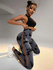 Women's Sporty Tie-Dyed Side-Cut Yoga Pants, Fashionable High-Waisted Hip-Lifting Sports Pants, Seamless Stretch Tight Pants