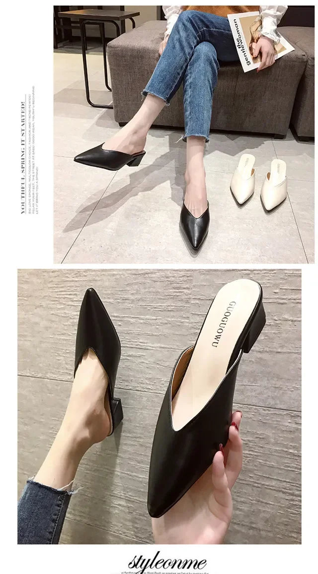 Women High Heels Slippers  Baotou Women Shoes Sexy Pointed Toe Chunky Heels Mules Outdoor Walking Slides Chaussure Femme 2024