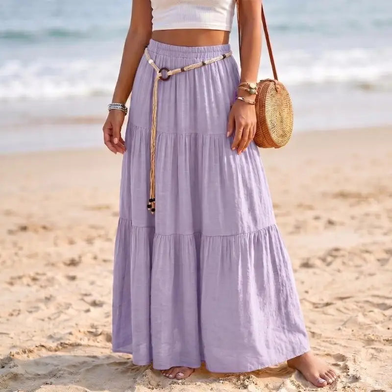 Skirts for Women Linen Maxi Skirt Pleated Long Flowy Elastic Skirt Tiered Beach A-Line Skirts 6XDA
