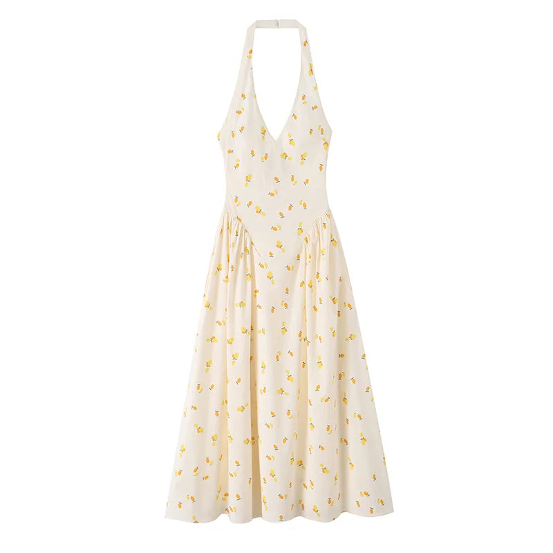 Women's Dress 2026 New Fashion Summer Hot Sale Printed Halter V-neck Satin Sexy Dating Women's Mid-Length Dress