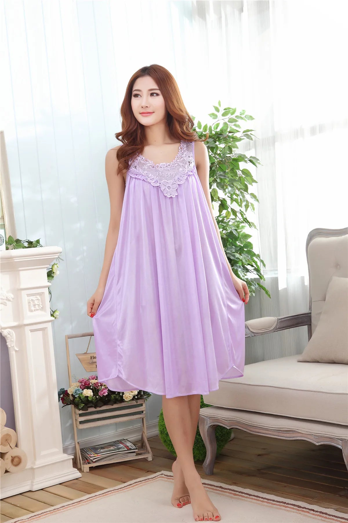 Embroidery Transparent Slip Sleepwear for Sleeping Big Size Night Dress Sexy Lingerie Nightgown Women Home Clothing