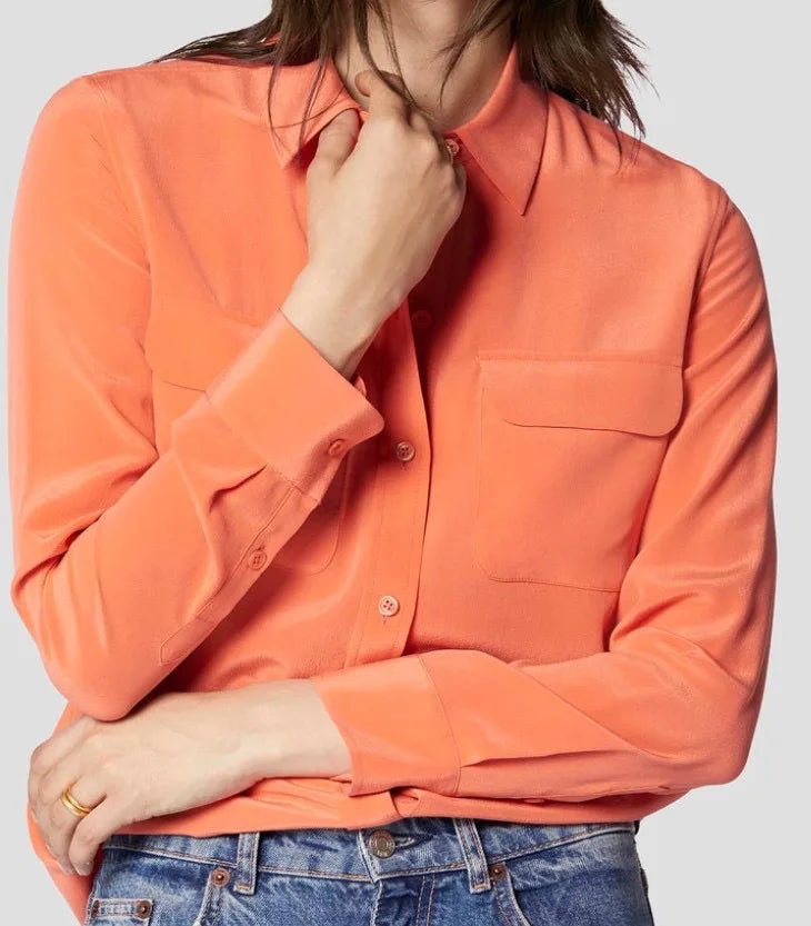 Women Real Silk Shirts Classic Double Pockets Solid Color Casual Fashion Long Sleeve Thin Shirt Blouses Tees