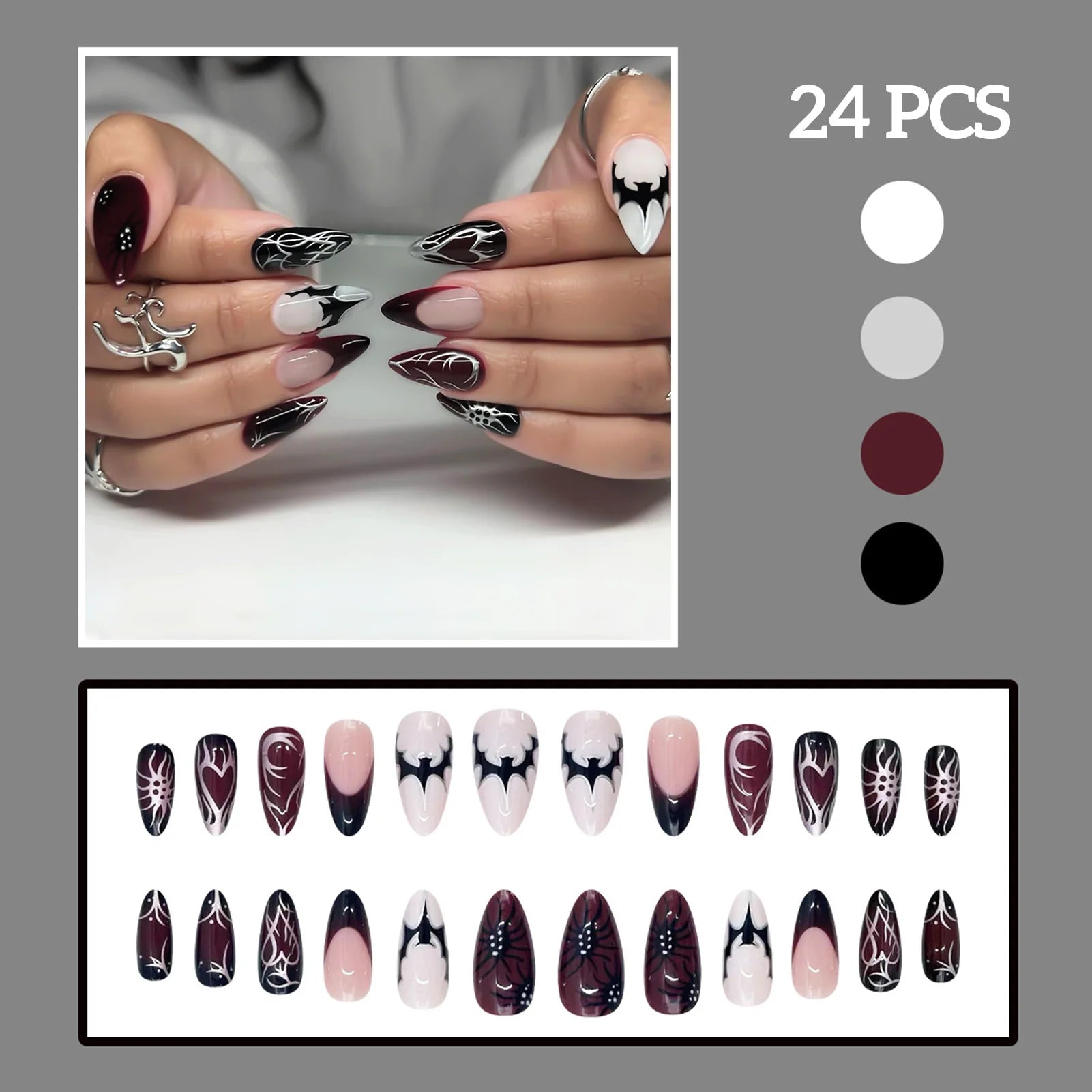 24pcs Thriller Style False Nails With Halloween Ant Bugs Pattern Wearable Press On Nails Ballet Black Punk Nail Art Decoration