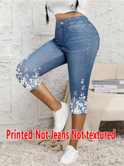 5898 [Printed Leggings - Not Denim Fabric]Ladies' Seven-Point Leggings with a Faux Denim Print, Form-Fitting Pants