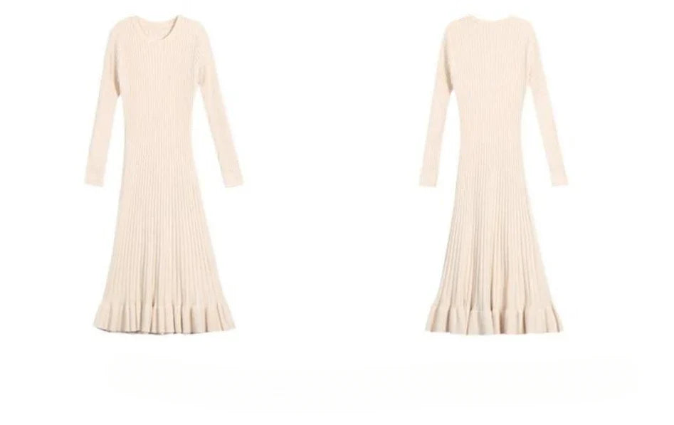 Elegant Knit Flounce Midi Dress