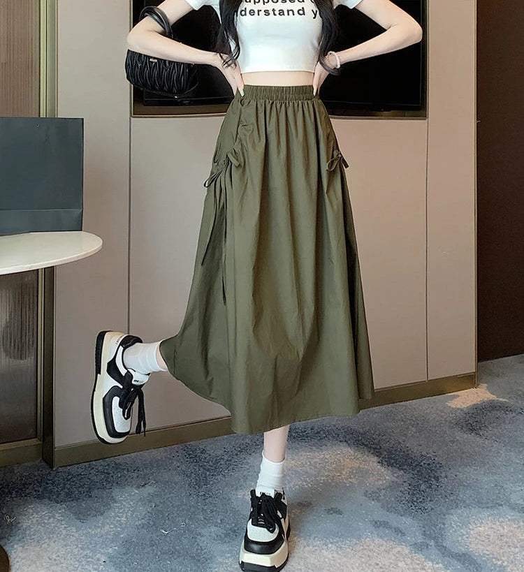 Drawstring Cargo A-Line Midi Skirt