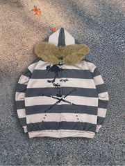 Hoodie with leather collar suitable both men and women striped printed long sleeved loose hooded sports hoodie punk Y2K daily