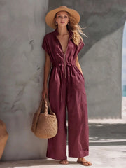 Utility Workwear Style Jumpsuit for Women Zipper Front Short Sleeve Drawstring Waist Wide Leg Casual Outfit