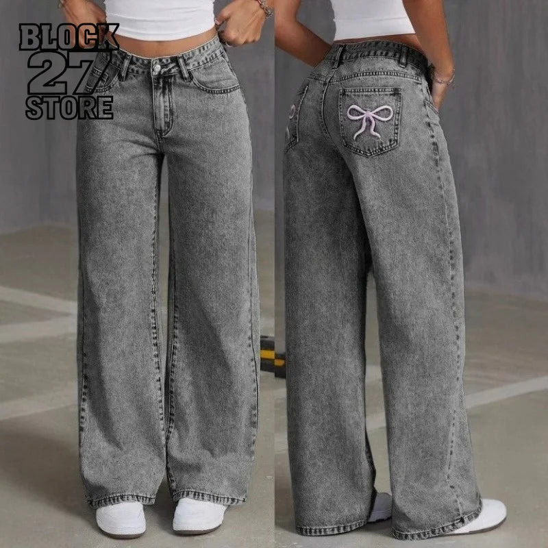 Mens Jeans Vintage Bow Embroidery Washed Denim Pants Harajuku Unisex Loose Fit Straight Leg Streetwear Casual Fashion Trend New