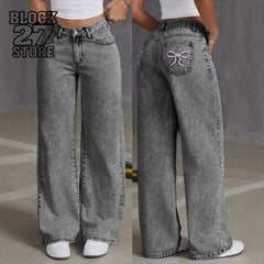 Mens Jeans Vintage Bow Embroidery Washed Denim Pants Harajuku Unisex Loose Fit Straight Leg Streetwear Casual Fashion Trend New