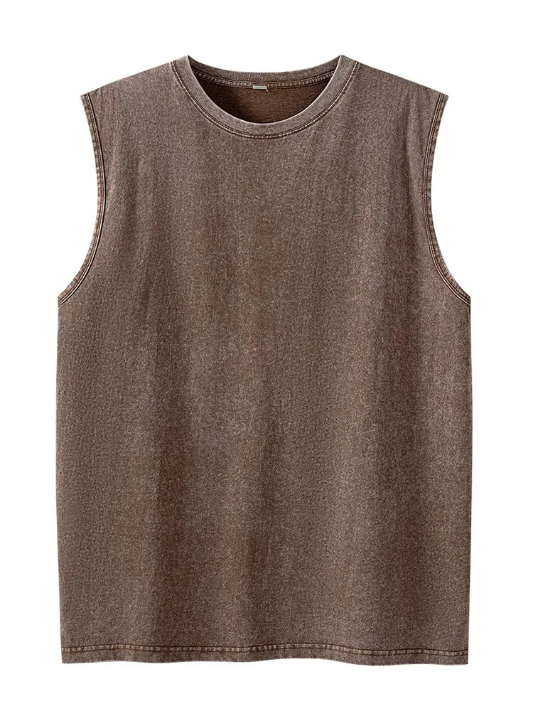 2025 Summer New Men's Washed Cotton Tank Tops Muscle Gym Sleeveless Workout T Shirts Running Beach Loose Cutoff Tees