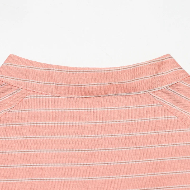 Women's Pink Striped Shirts Summer Asymmetric Button Mid Sleeve Loose Fit Shirts Casual Office Look Vintage Elegant Female Tops