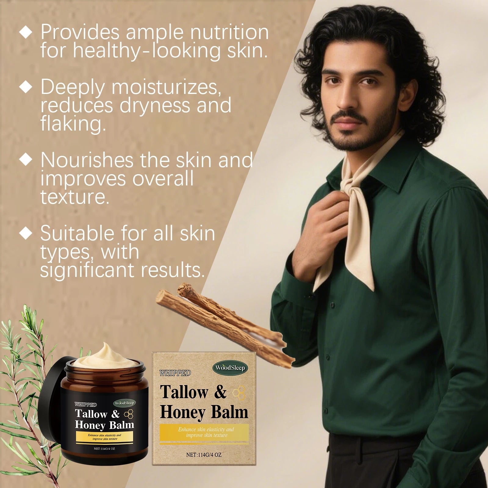Beef Tallow Honey Balm for Men Lasting Moisturizing Dryness Soothing Skin Firming Smoothing Roughness Anti Aging Face Cream