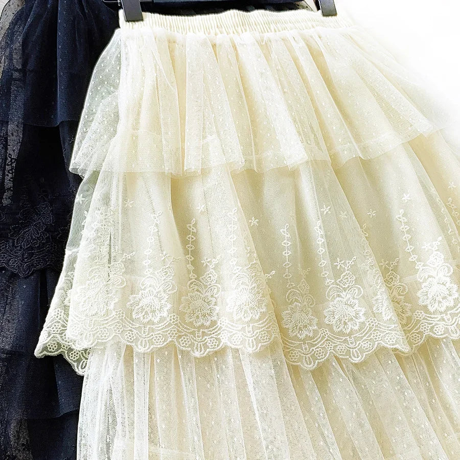 Women Skirts Cake-Style Skirt Spring Summer Fashion Lace Skirts Ladies High-Waisted Slimming Long Lace Skirt Elegant Tulle Skirt