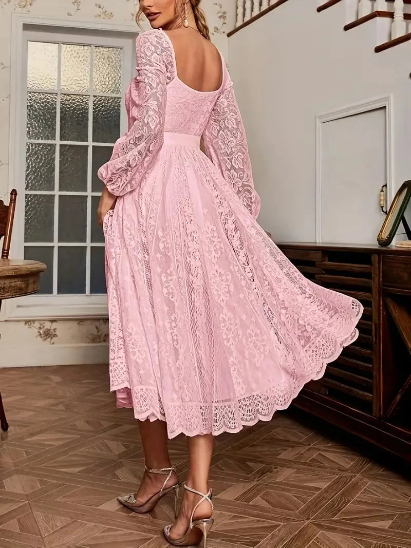 Elegant Party Dress For Woman Evening Prom Dresses Lace Long Gown V Neck Maxi Dress White Pink Floral Lace A Line Balloon Sleeve