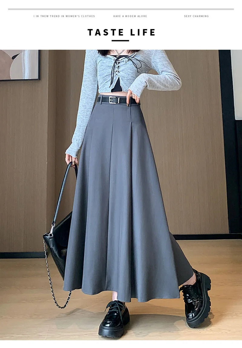 Elegant Skirts for Women Korean Style Long Skirt Female Black Pleated Midi Skirt Women's Clothing Office Lady Skirts Outfits New