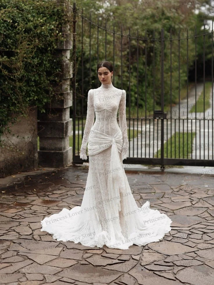 Elegant Mermaid Wedding Dresses Lace Long Sleeves Bridal Gown High Collar Exquisite Corset Party Dress robe de mariée Customized
