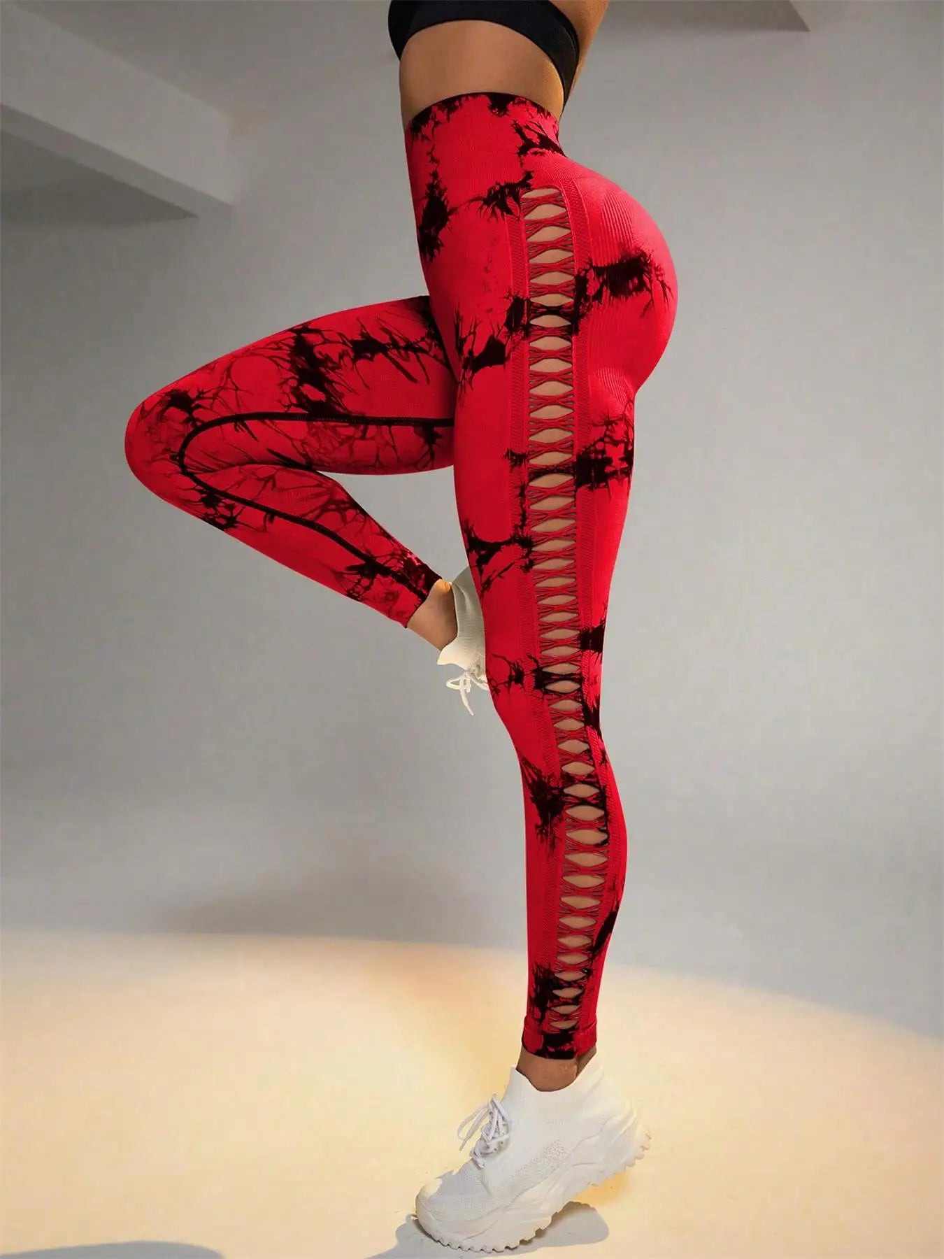 Women's Sporty Tie-Dyed Side-Cut Yoga Pants, Fashionable High-Waisted Hip-Lifting Sports Pants, Seamless Stretch Tight Pants
